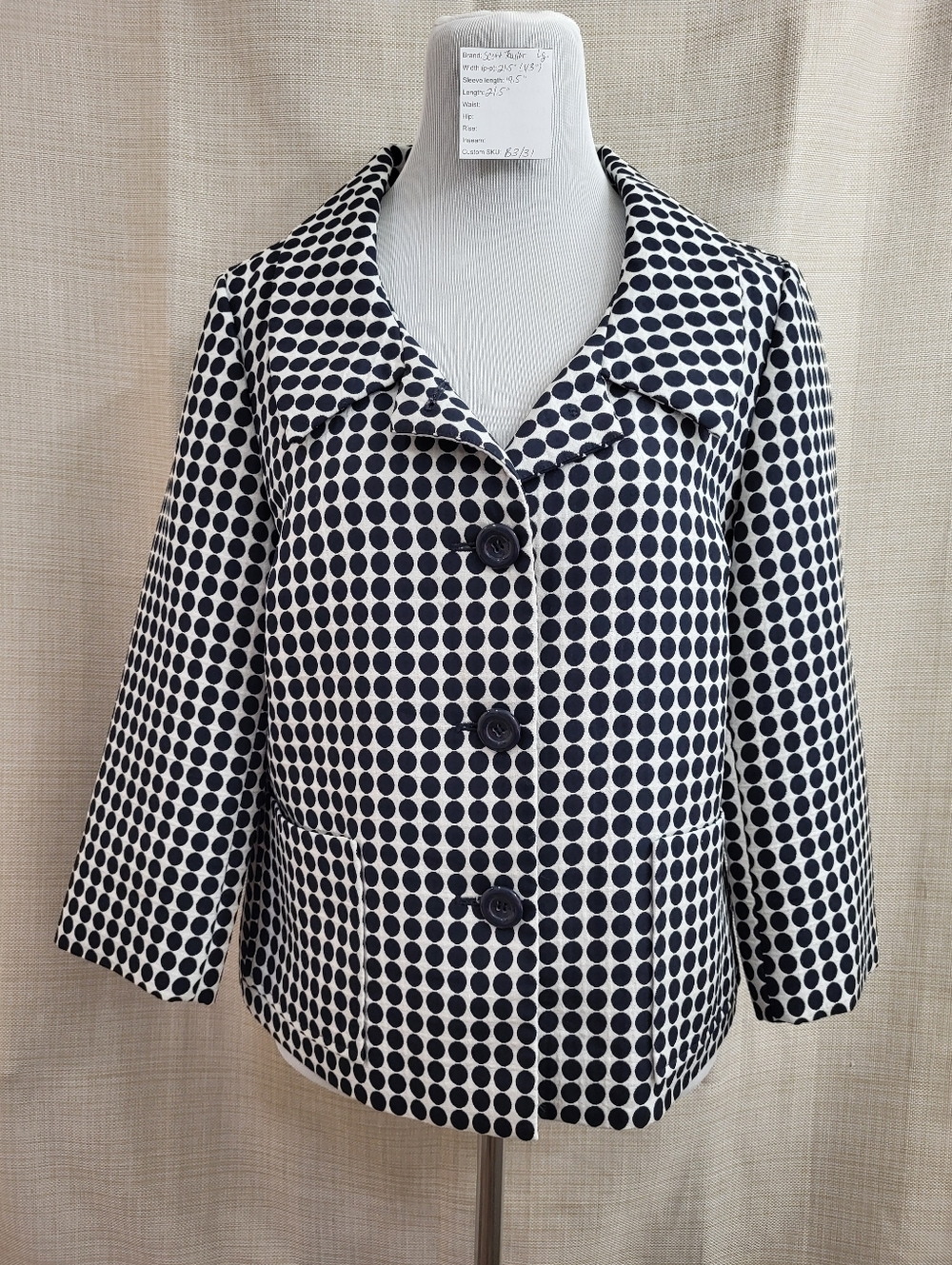 Scott Taylor Women's Blazer Jacket Black White Polka Dot 3/4 Button Front Size L